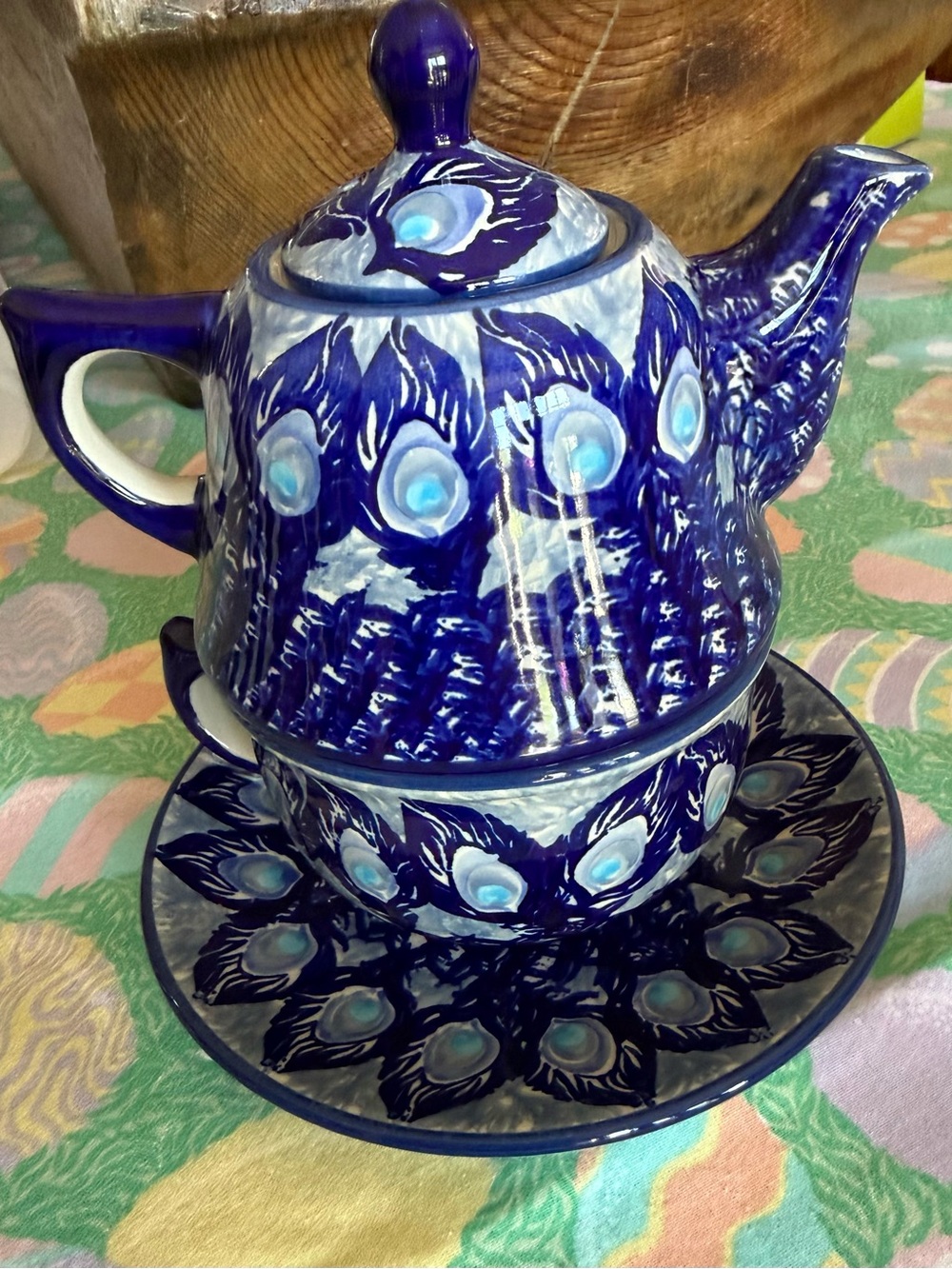 Polish Pottery Blue Peacock-Feather Ceramic Teapot Set - NWT